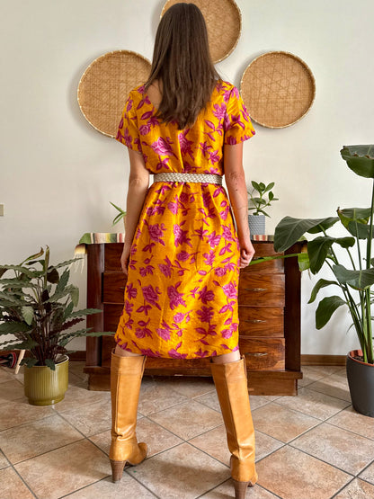 1970's vintage yellow raw silk with fuchsia floral print