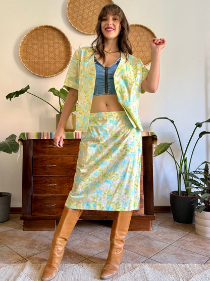1960's vintage turquoise, yellow and green floral skirt and shirt set