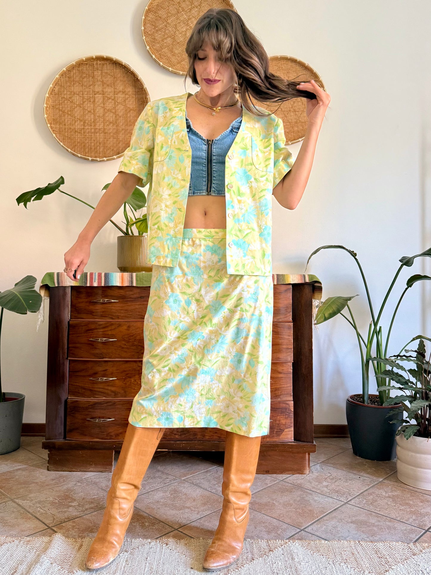 1960's vintage turquoise, yellow and green floral skirt and shirt set