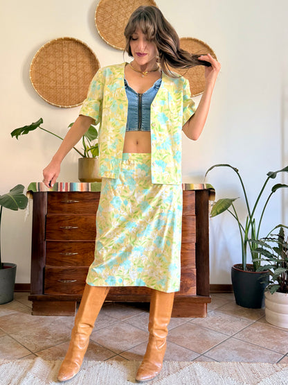 1960's vintage turquoise, yellow and green floral skirt and shirt set