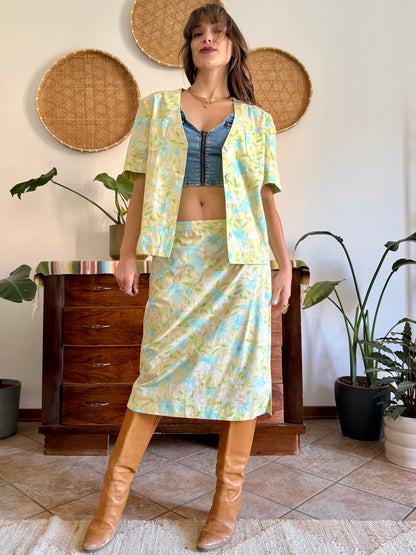 1960's vintage turquoise, yellow and green floral skirt and shirt set