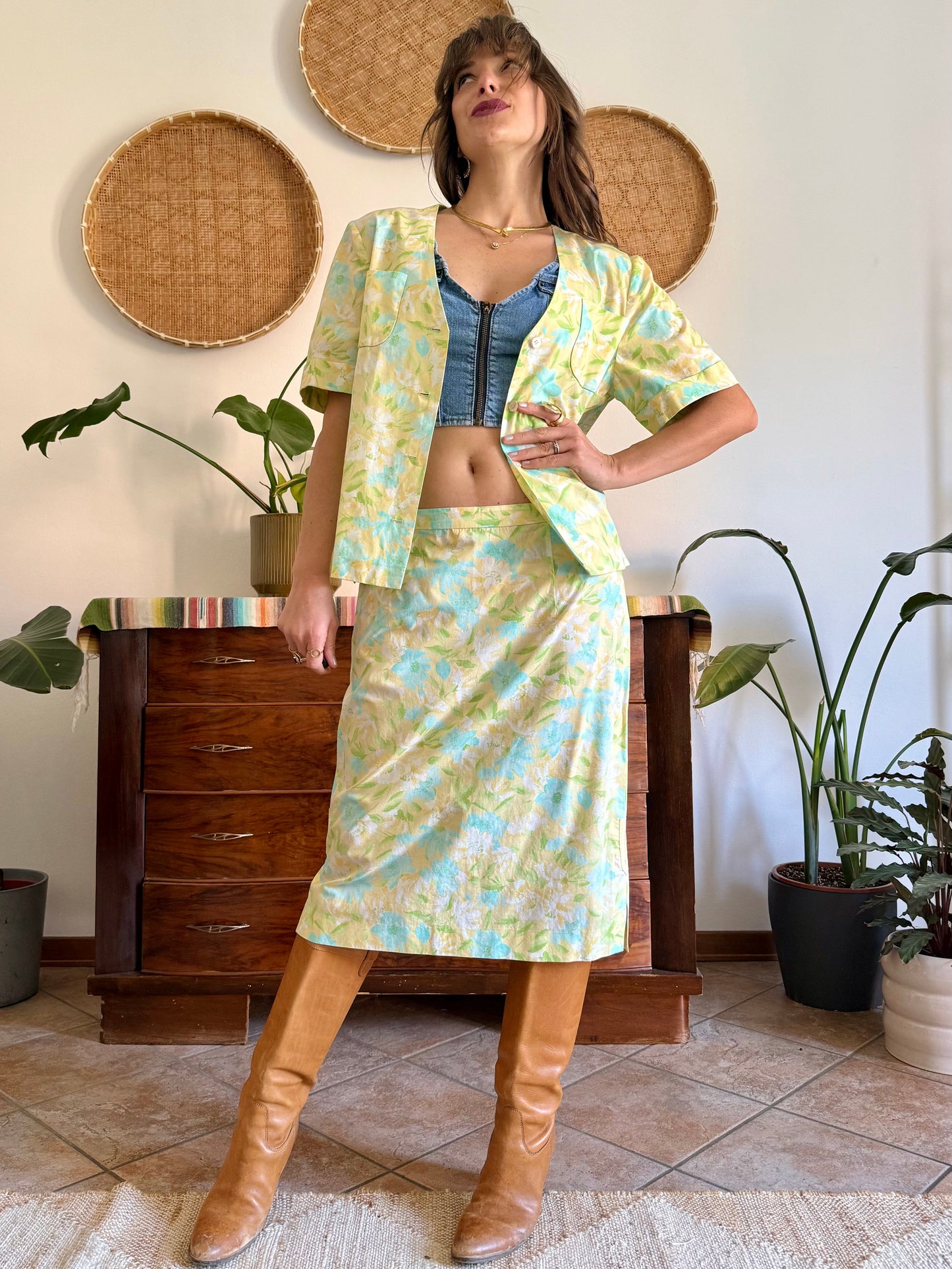 1960's vintage turquoise, yellow and green floral skirt and shirt set