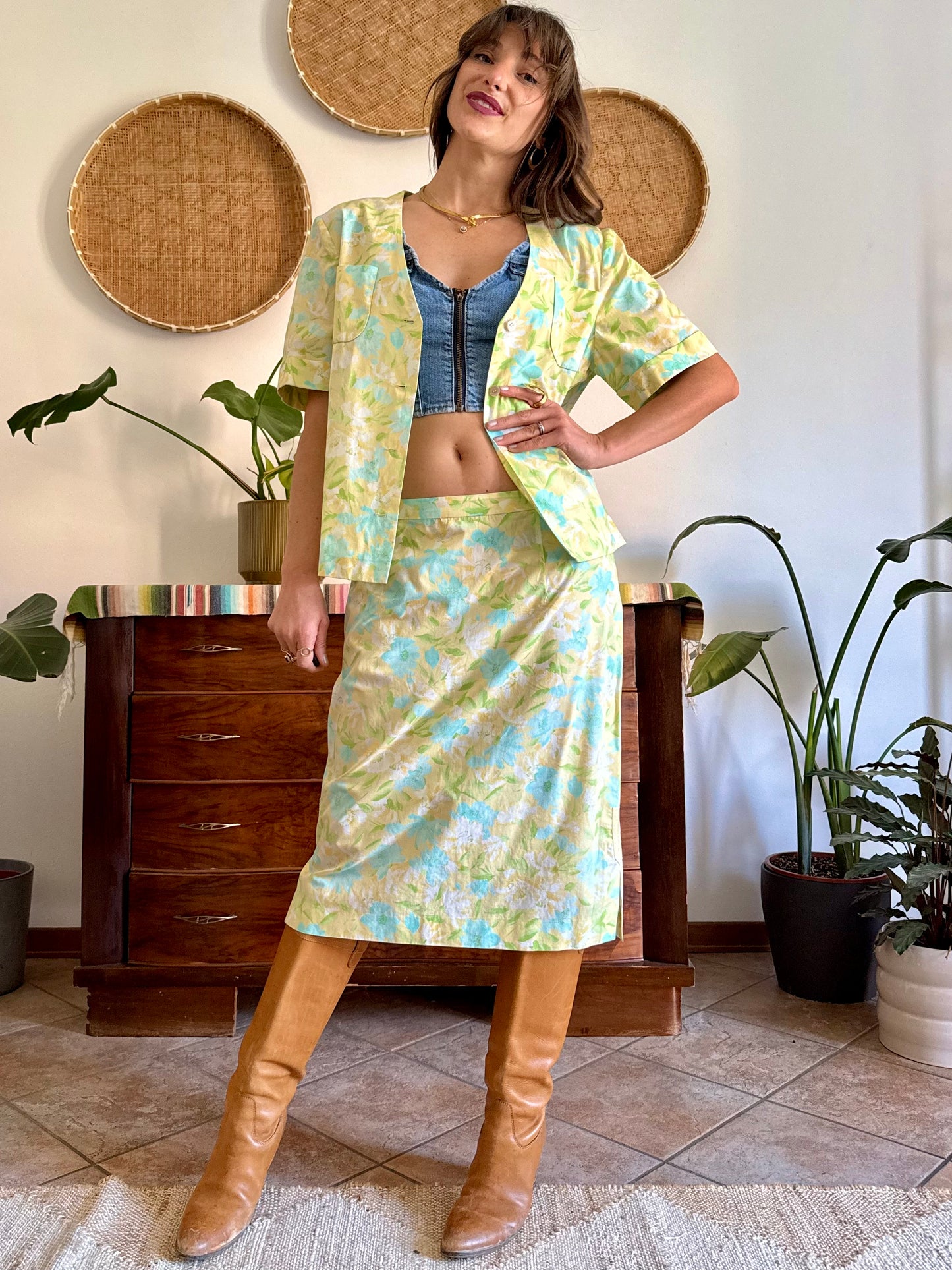 1960's vintage turquoise, yellow and green floral skirt and shirt set