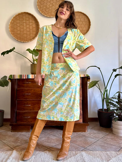 1960's vintage turquoise, yellow and green floral skirt and shirt set