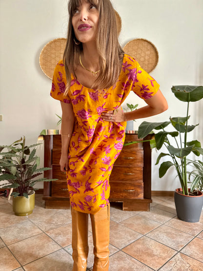 1970's vintage yellow raw silk with fuchsia floral print