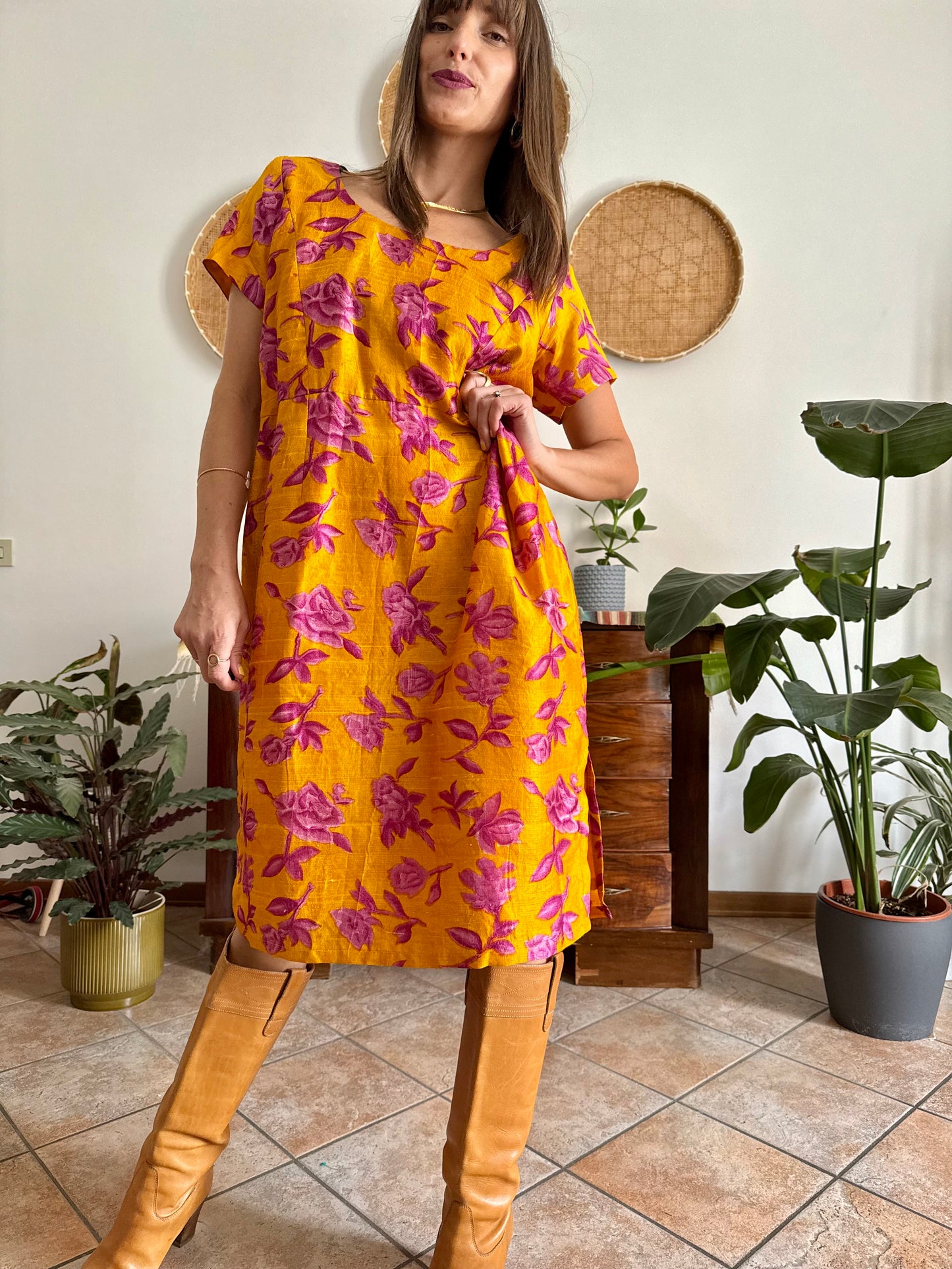 1970's vintage yellow raw silk with fuchsia floral print