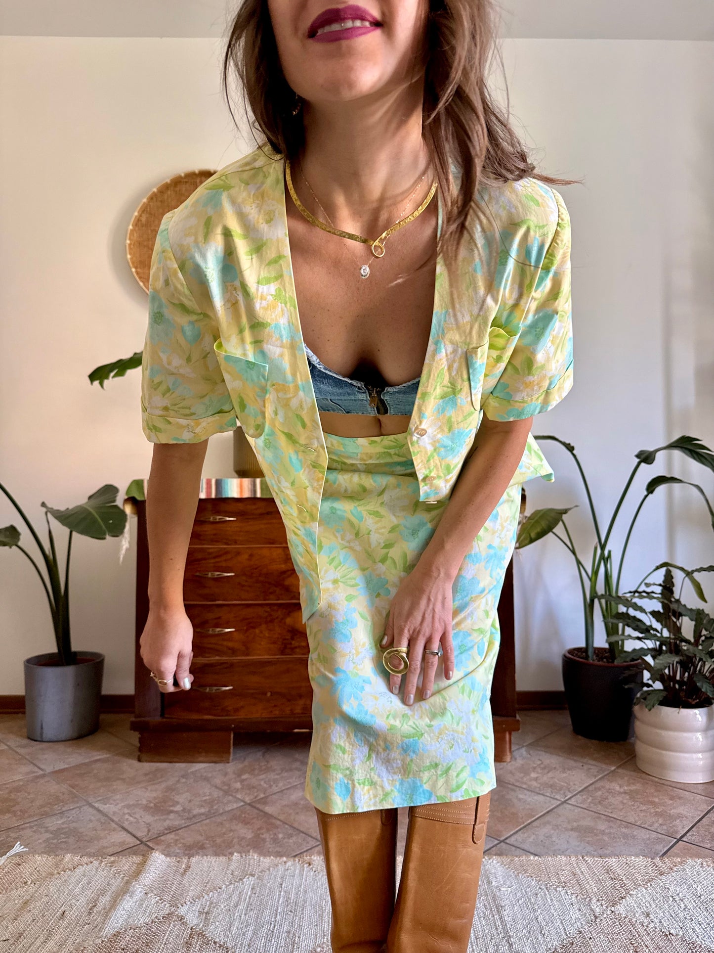 1960's vintage turquoise, yellow and green floral skirt and shirt set