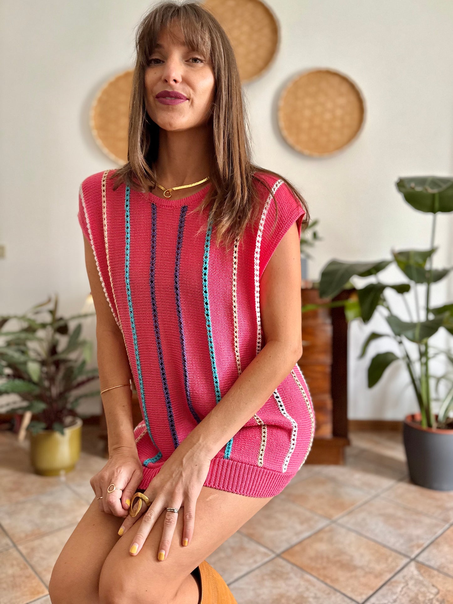 1970's vintage pink knit mini dress with blue, purple and white vertical stripes