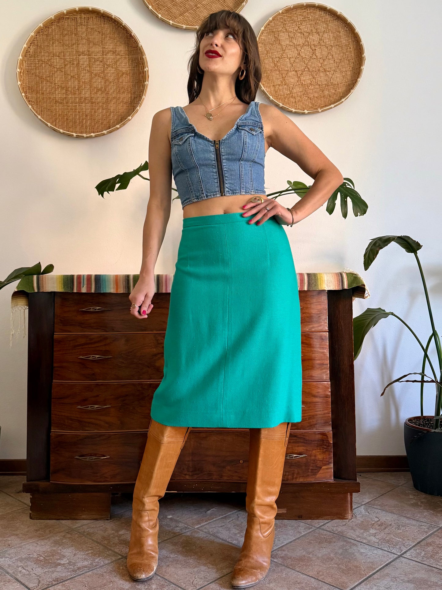 1960's vintage teal thick woven cotton midi skirt and blazer set