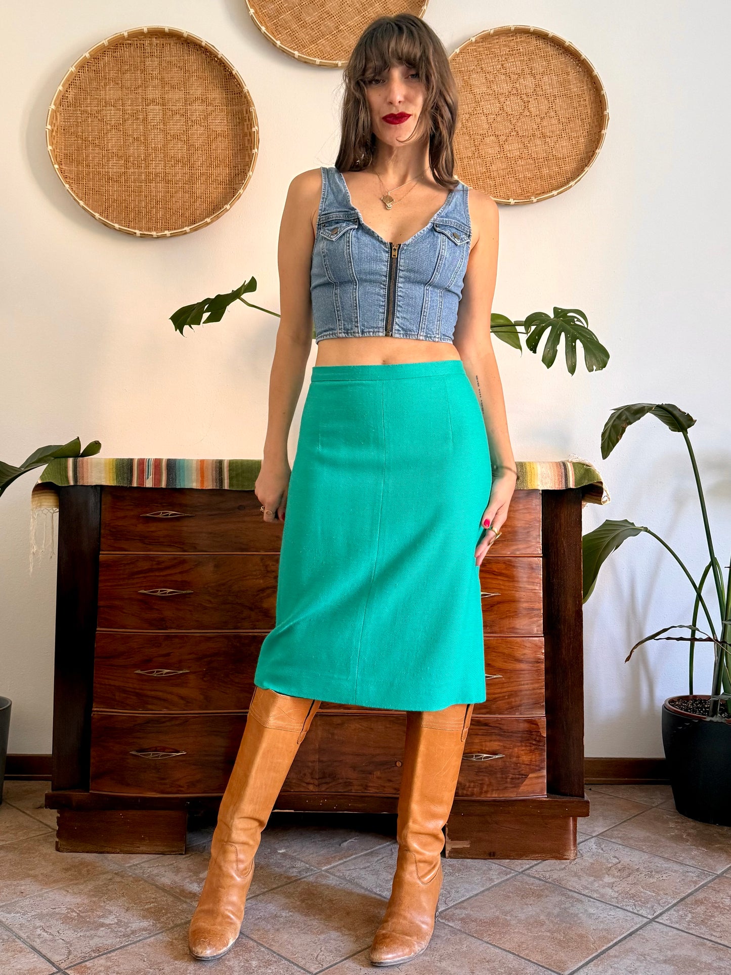 1960's vintage teal thick woven cotton midi skirt and blazer set