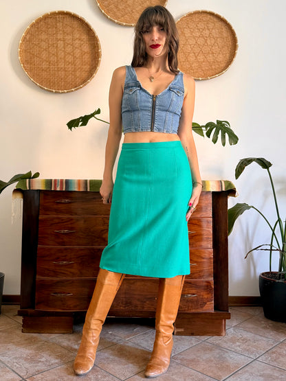 1960's vintage teal thick woven cotton midi skirt and blazer set