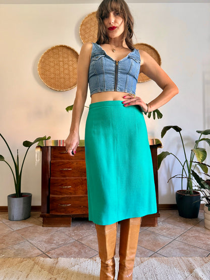 1960's vintage teal thick woven cotton midi skirt and blazer set