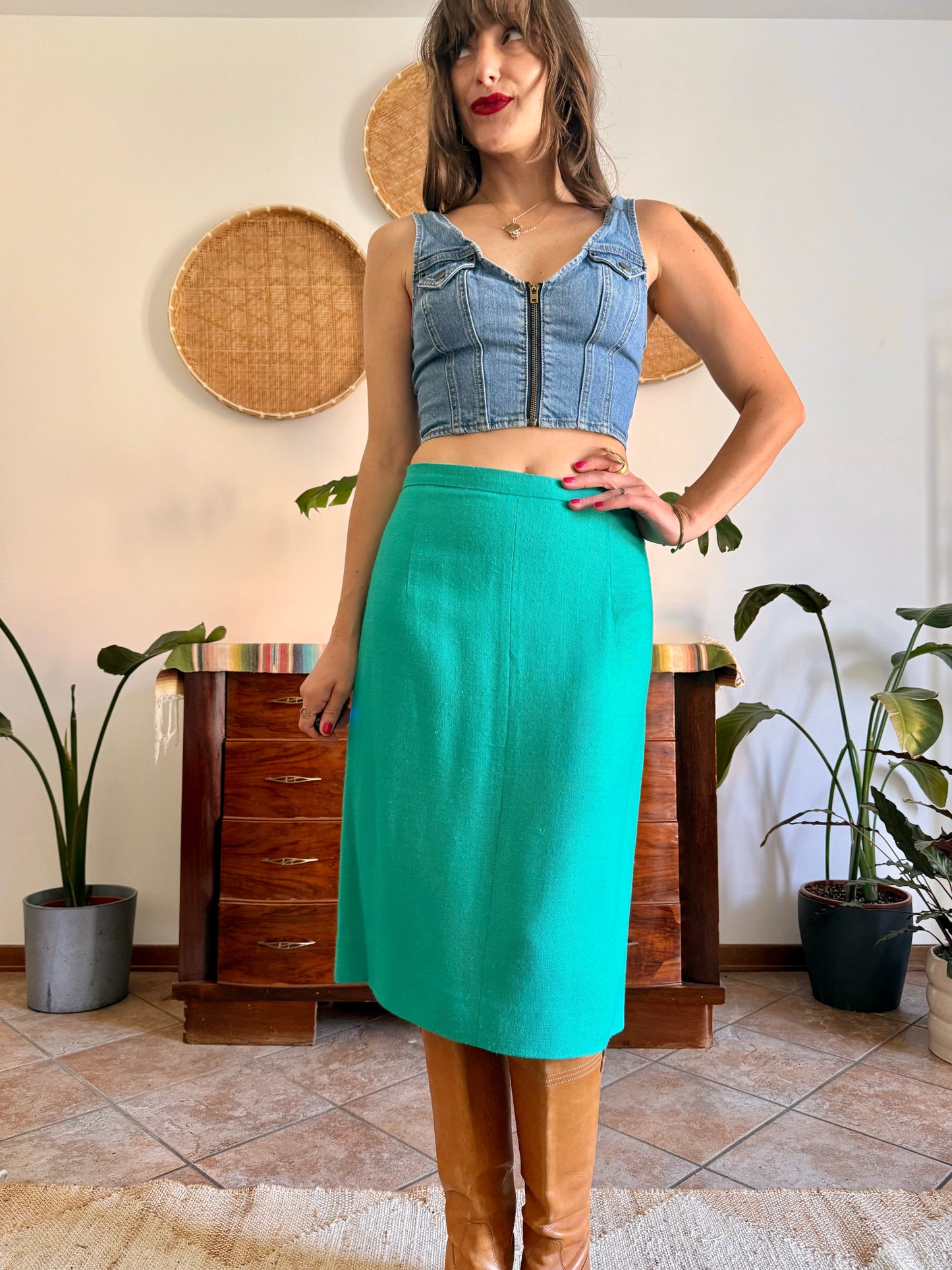 1960's vintage teal thick woven cotton midi skirt and blazer set