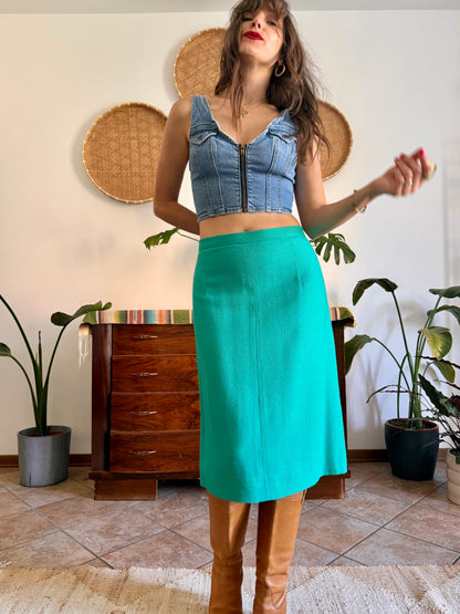 1960's vintage teal thick woven cotton midi skirt and blazer set