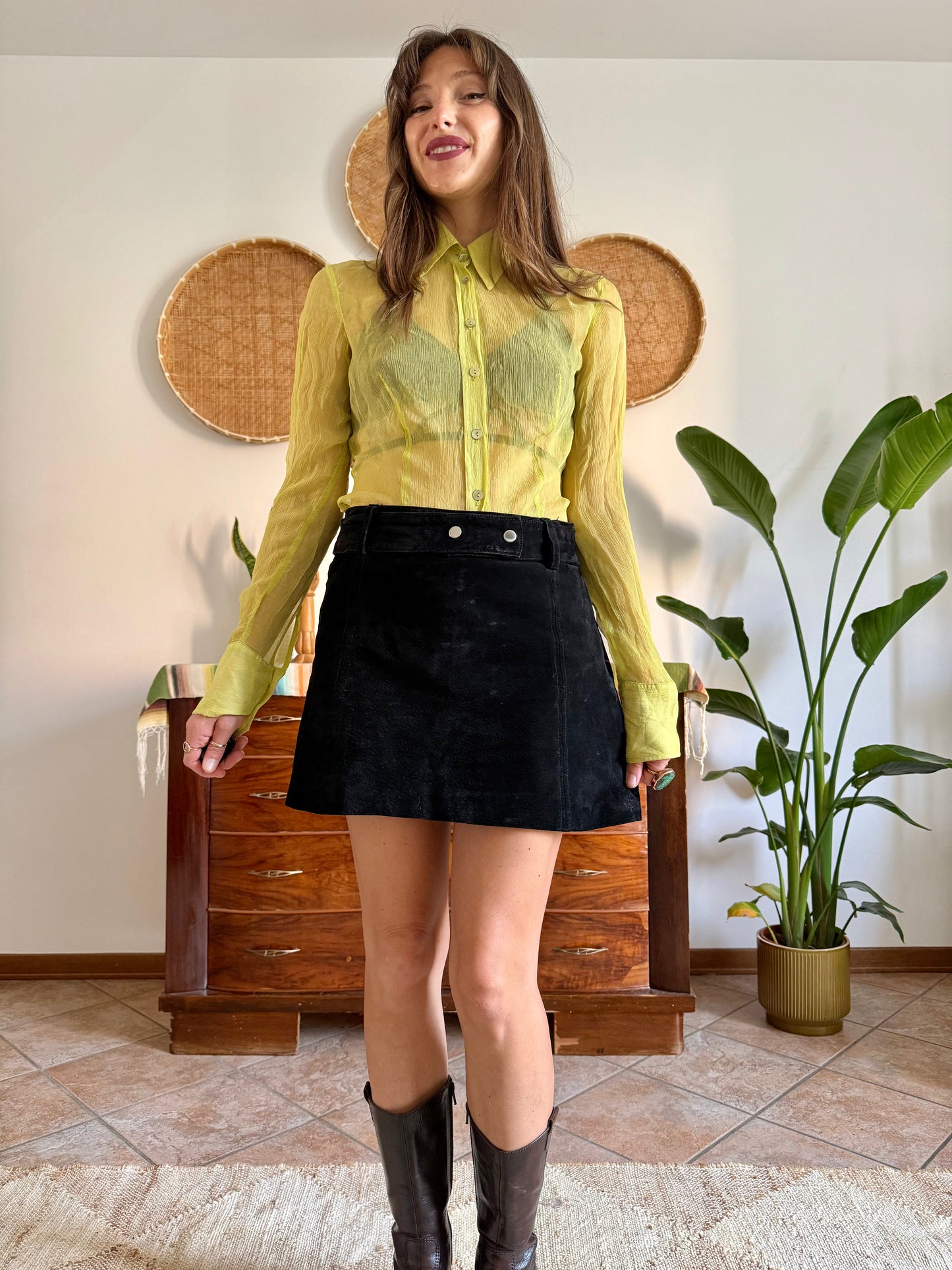 1990’s vintage genuine leather black suede mini skirt with matching belt