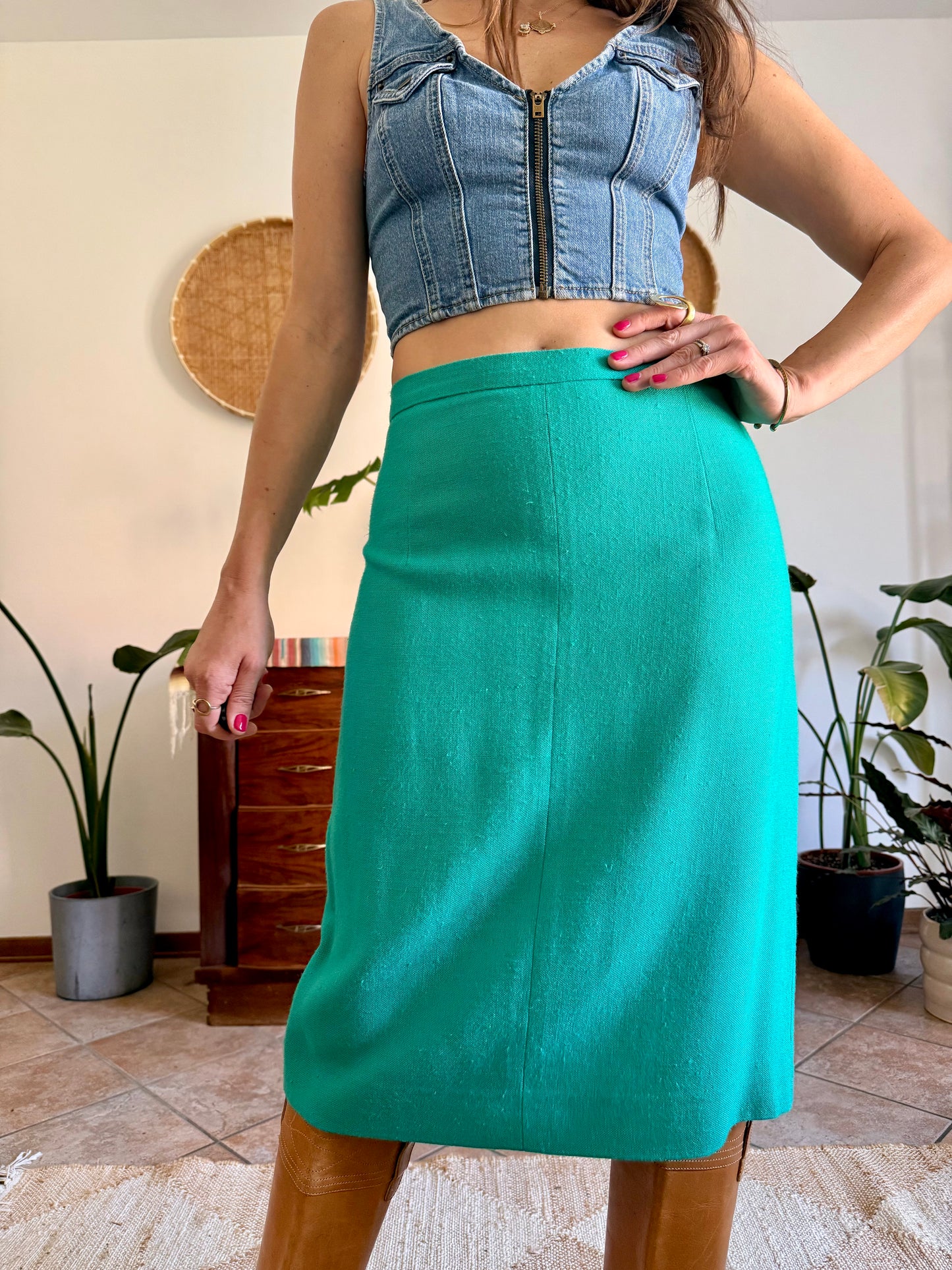 1960's vintage teal thick woven cotton midi skirt and blazer set