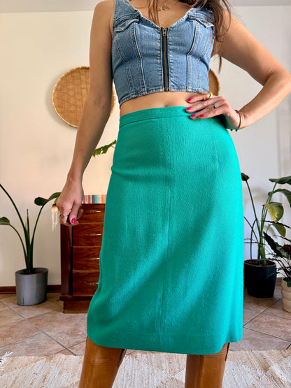 1960's vintage teal thick woven cotton midi skirt and blazer set