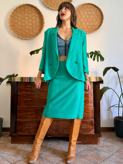 1960's vintage teal thick woven cotton midi skirt and blazer set