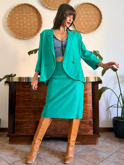 1960's vintage teal thick woven cotton midi skirt and blazer set