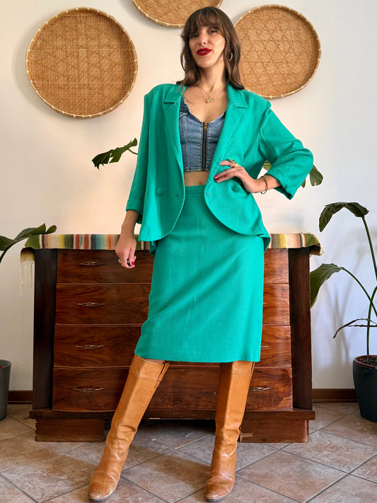 1960's vintage teal thick woven cotton midi skirt and blazer set