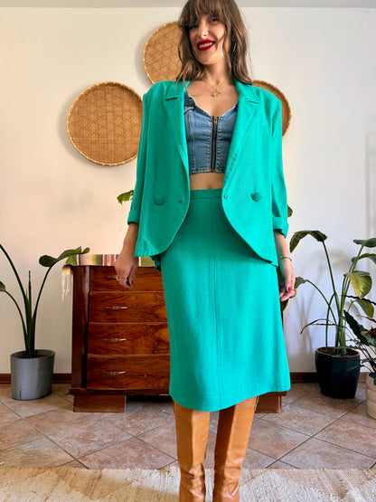 1960's vintage teal thick woven cotton midi skirt and blazer set