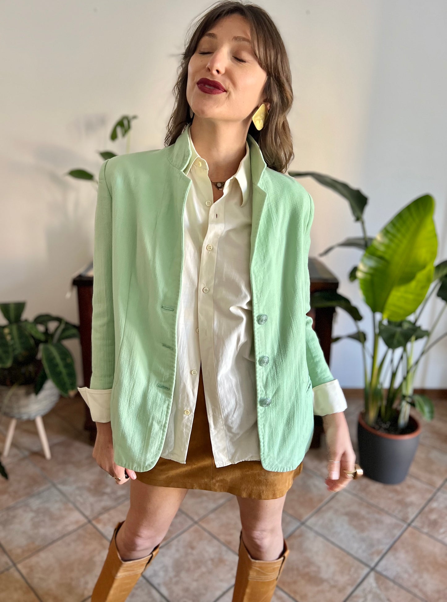 1970's vintage mint green wool spring blazer with mint green glitter buttons
