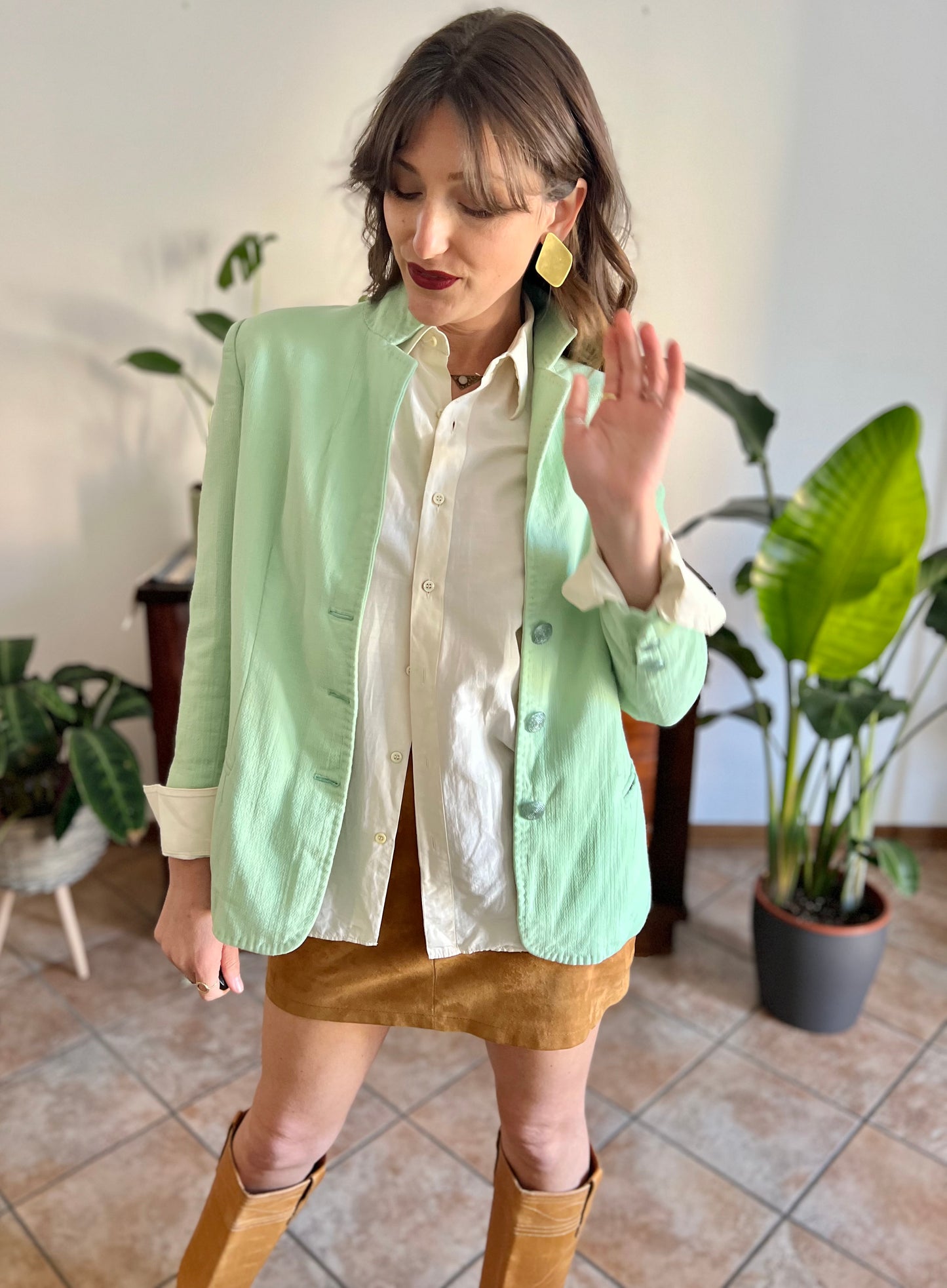 1970's vintage mint green wool spring blazer with mint green glitter buttons
