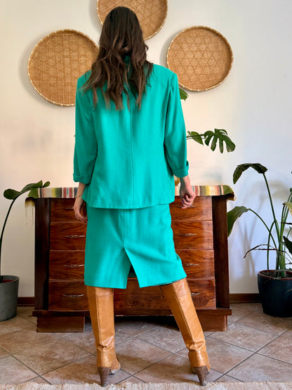 1960's vintage teal thick woven cotton midi skirt and blazer set