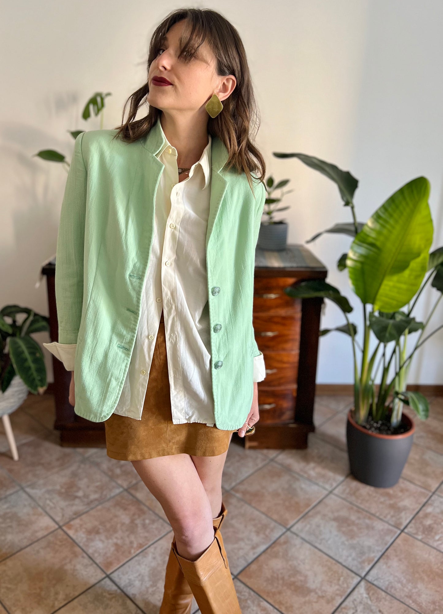 1970's vintage mint green wool spring blazer with mint green glitter buttons