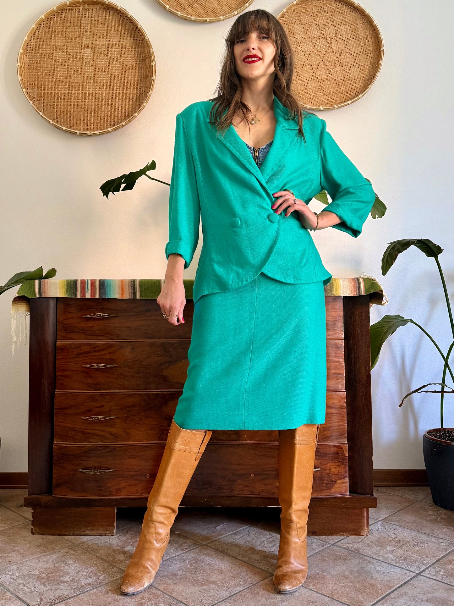 1960's vintage teal thick woven cotton midi skirt and blazer set