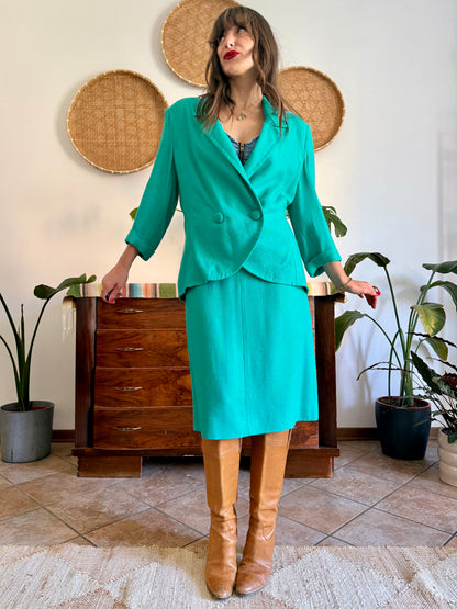 1960's vintage teal thick woven cotton midi skirt and blazer set