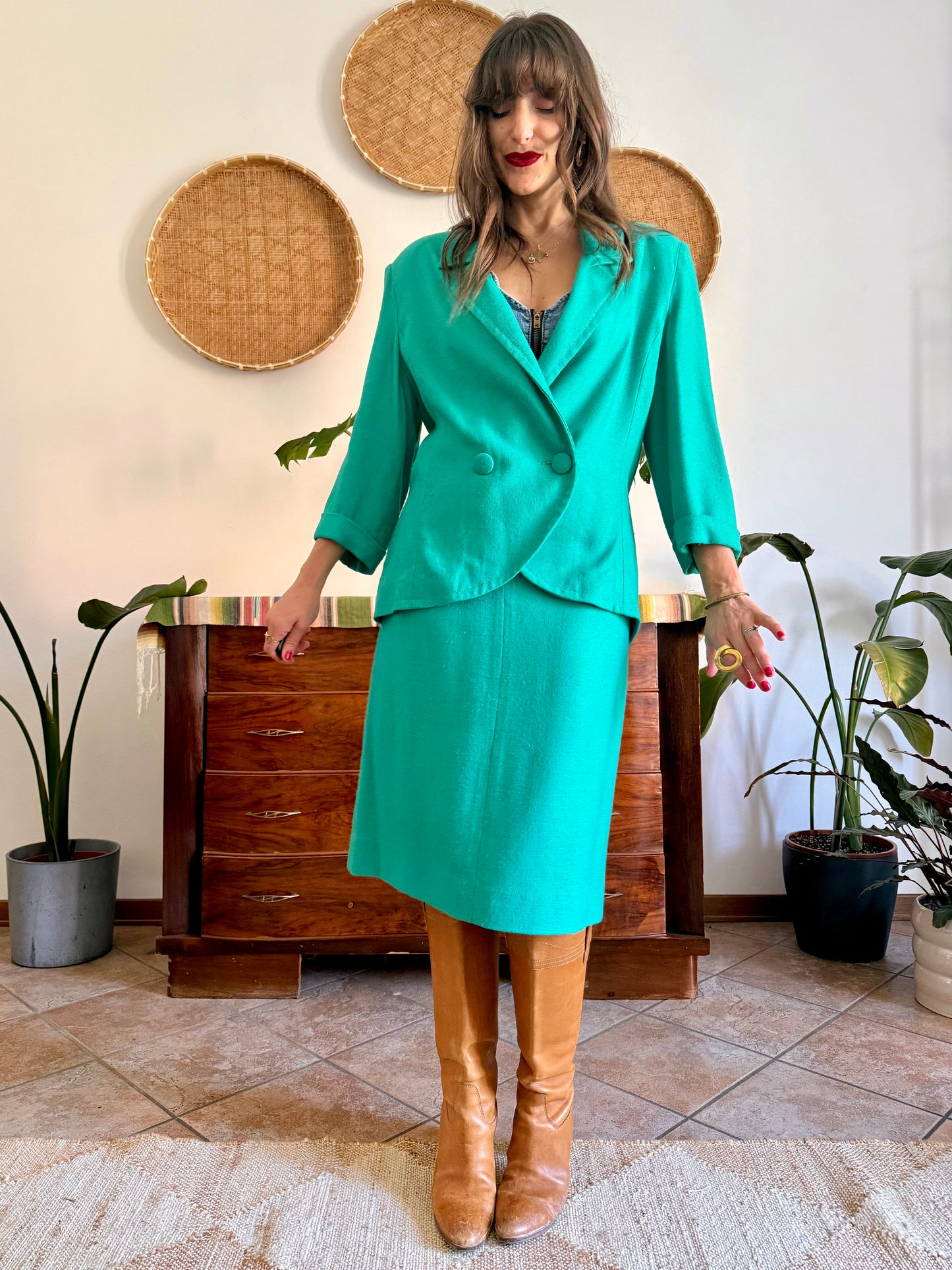 1960's vintage teal thick woven cotton midi skirt and blazer set