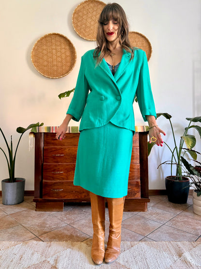 1960's vintage teal thick woven cotton midi skirt and blazer set