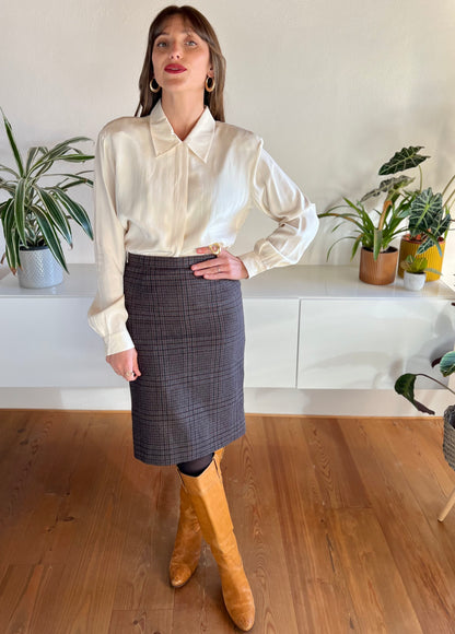 1970's vintage grey, tan and blue plaid wool midi skirt