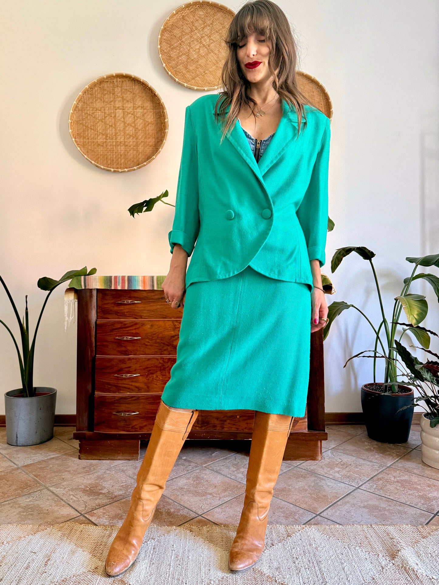 1960's vintage teal thick woven cotton midi skirt and blazer set