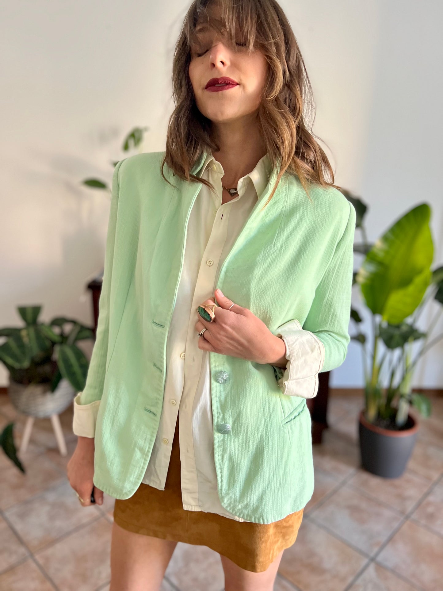 1970's vintage mint green wool spring blazer with mint green glitter buttons