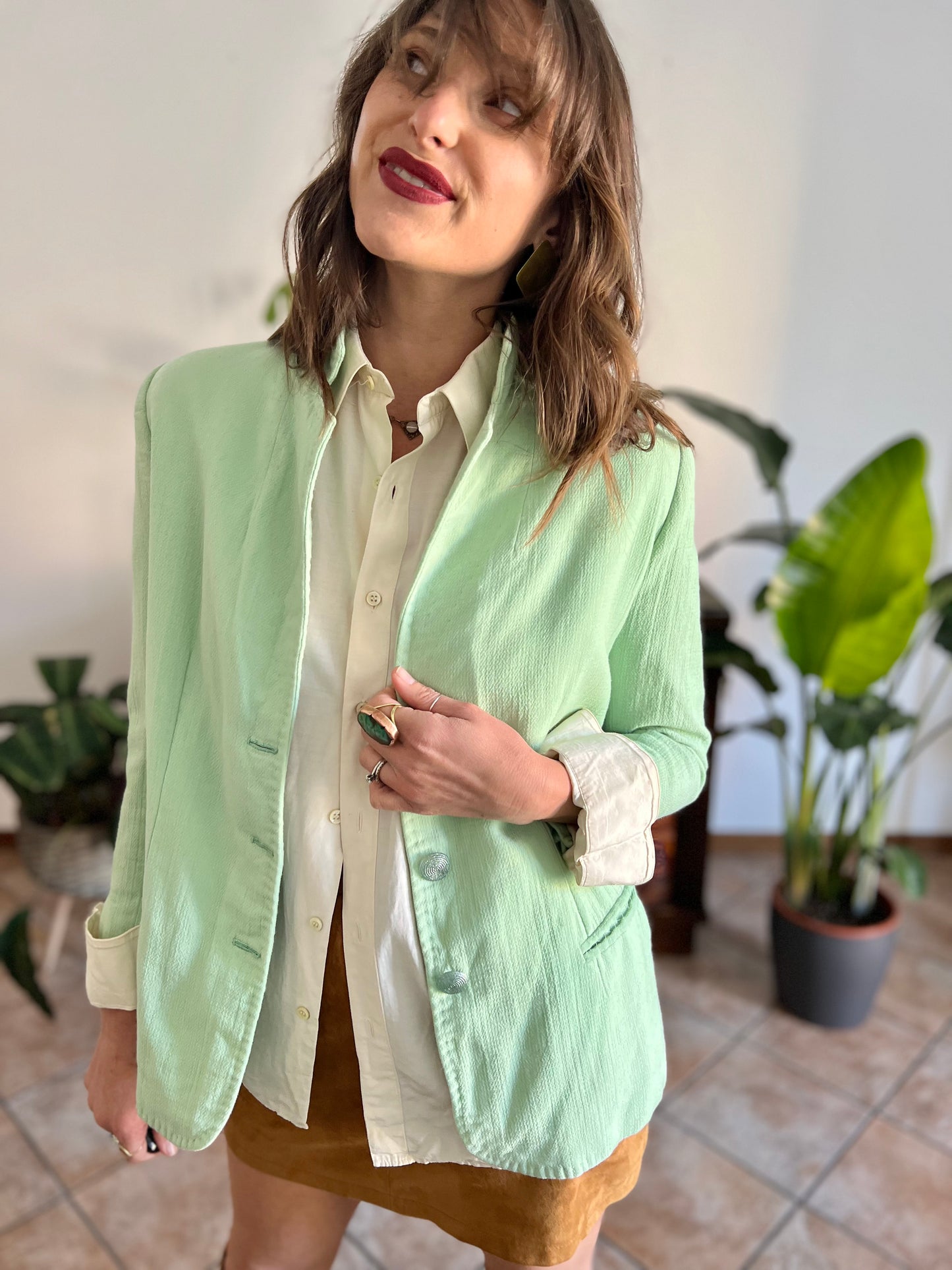 1970's vintage mint green wool spring blazer with mint green glitter buttons