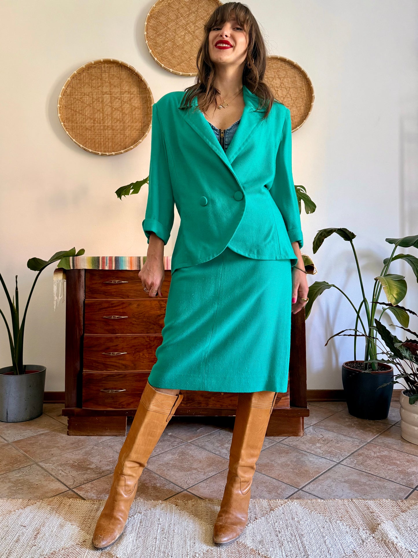 1960's vintage teal thick woven cotton midi skirt and blazer set