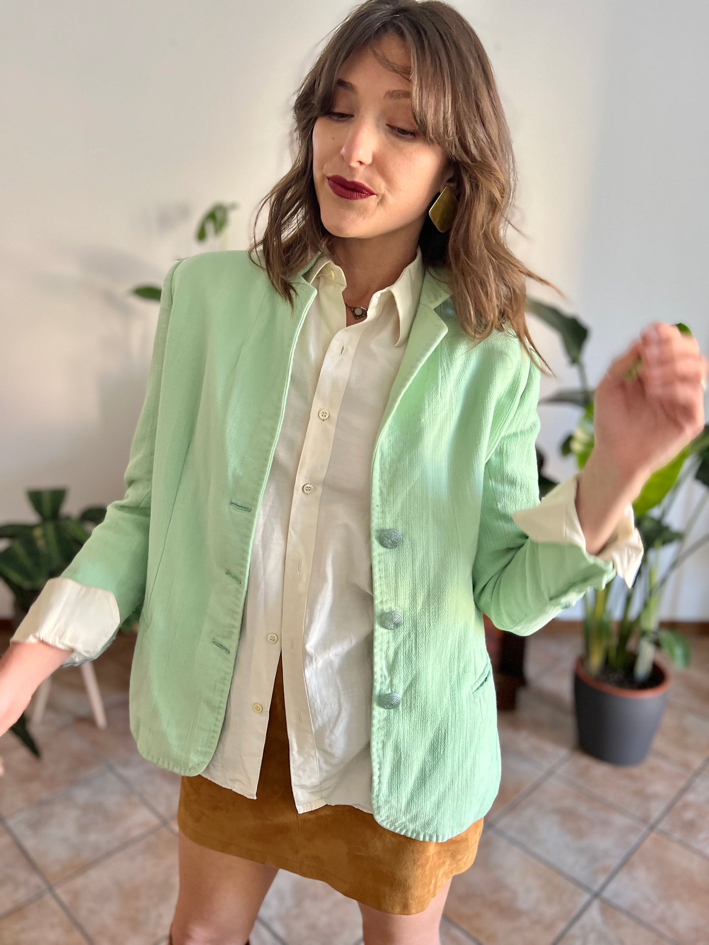 1970's vintage mint green wool spring blazer with mint green glitter buttons