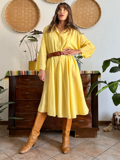 1970's vintage yellow cotton button down midi dress