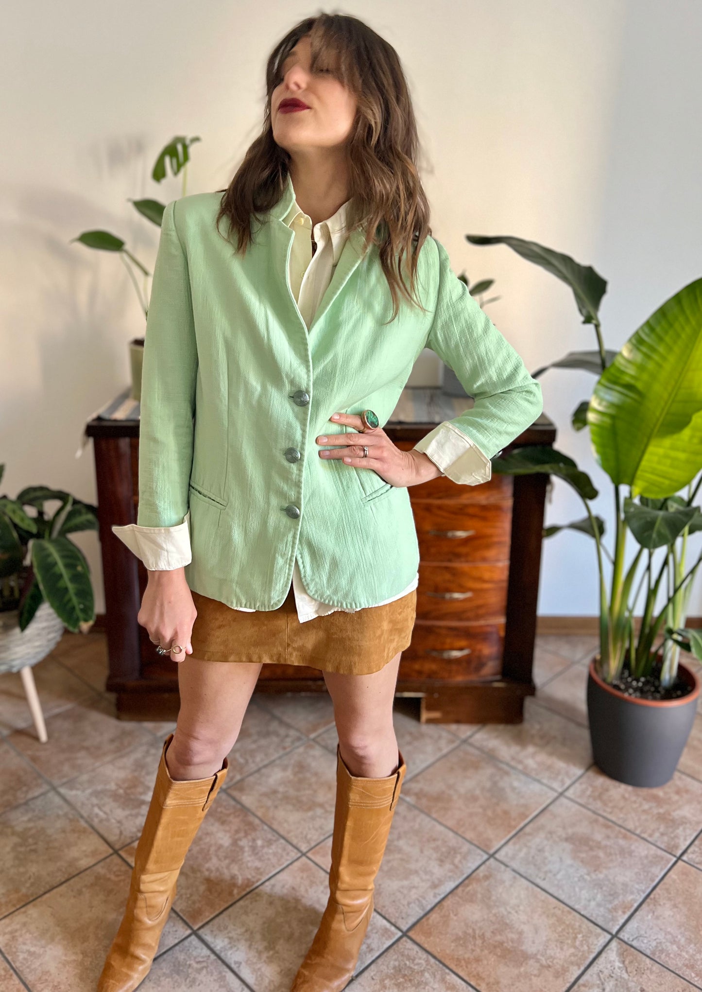 1970's vintage mint green wool spring blazer with mint green glitter buttons
