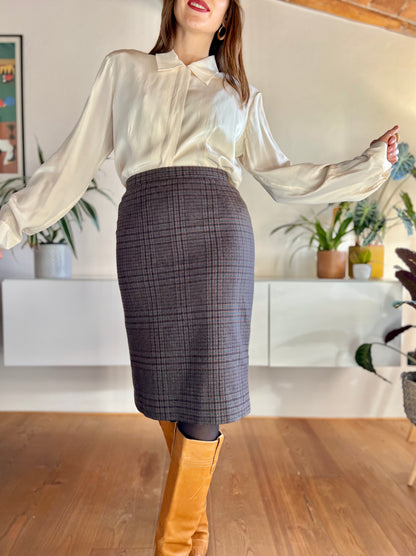 1970's vintage grey, tan and blue plaid wool midi skirt