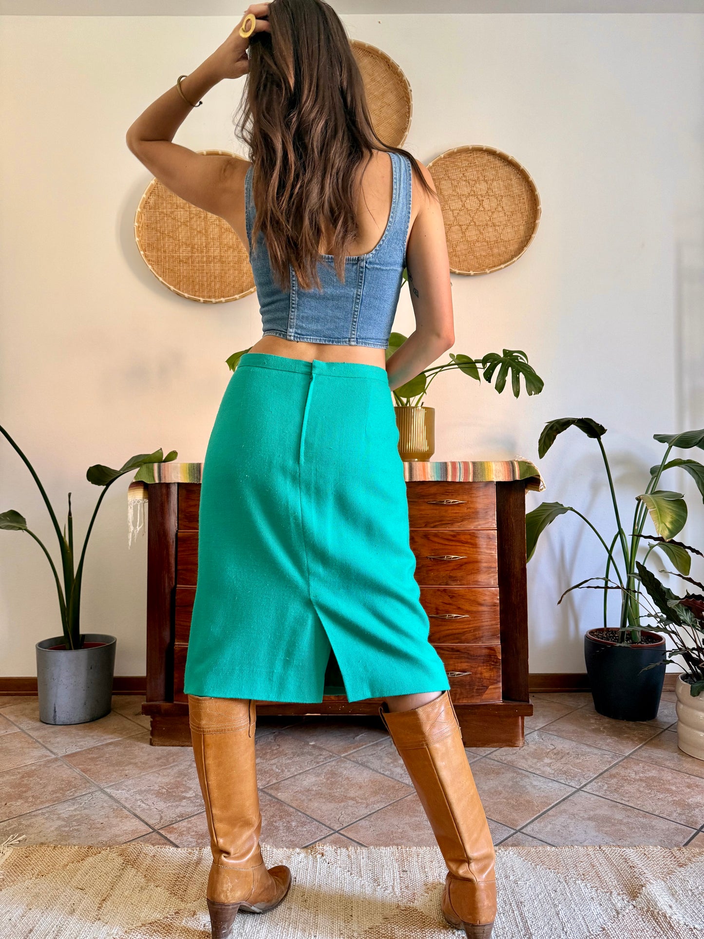 1960's vintage teal thick woven cotton midi skirt and blazer set