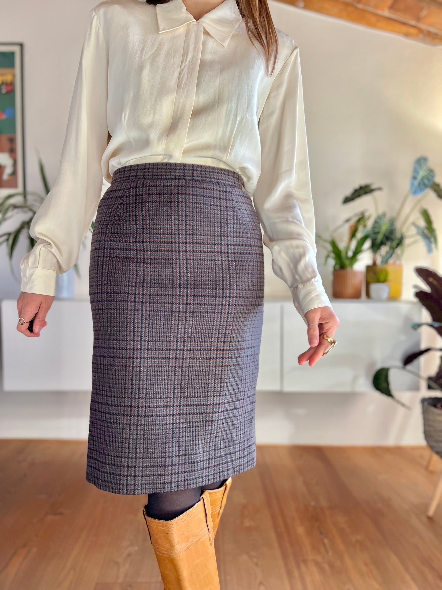 1970's vintage grey, tan and blue plaid wool midi skirt