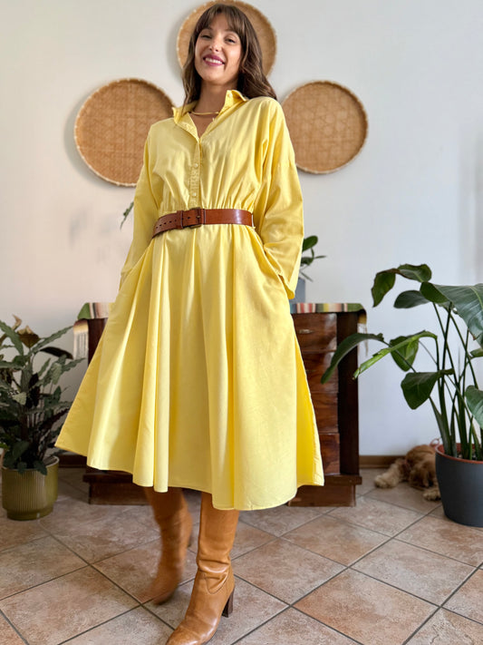 1970's vintage yellow cotton button down midi dress