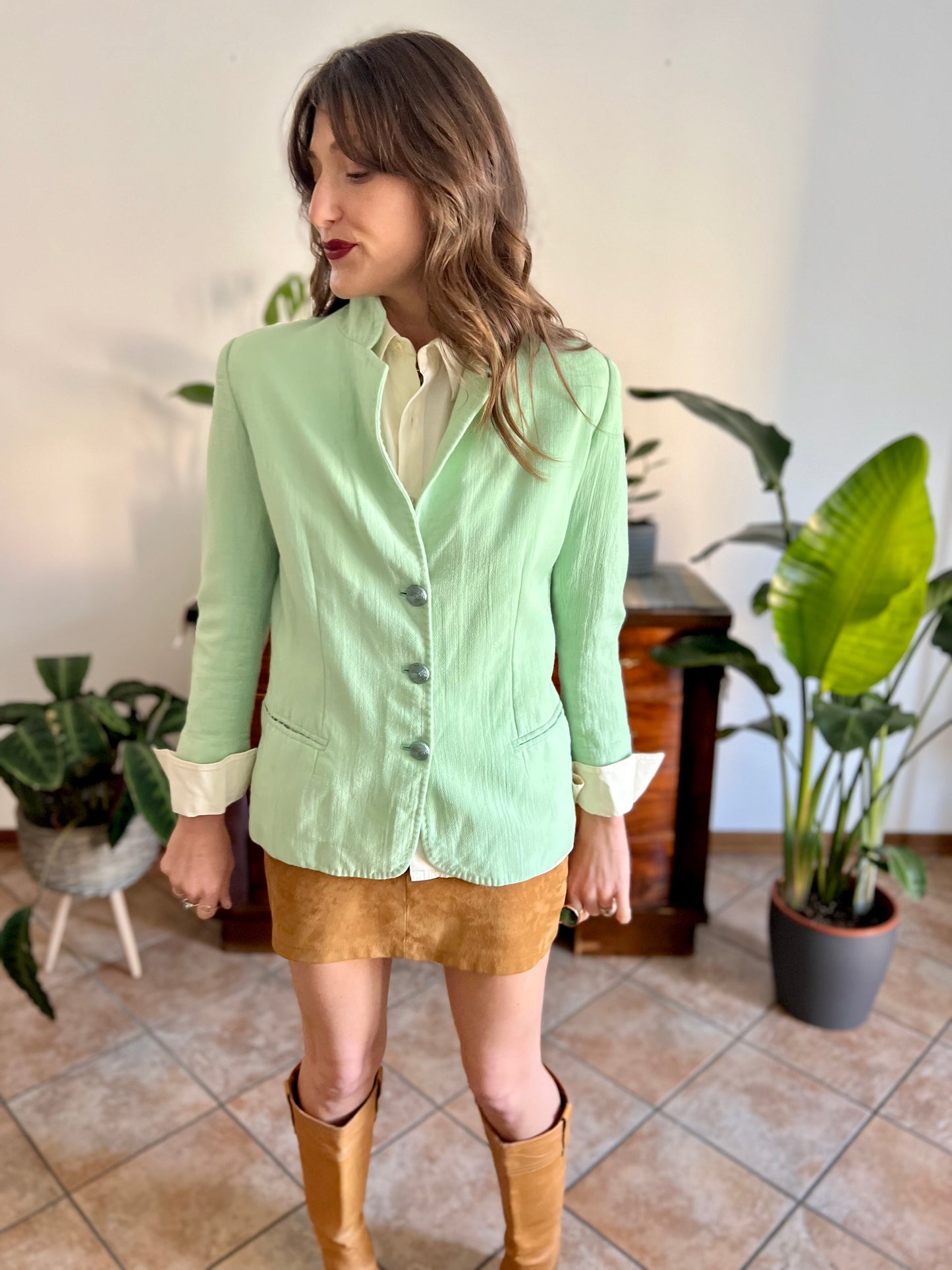 1970's vintage mint green wool spring blazer with mint green glitter buttons