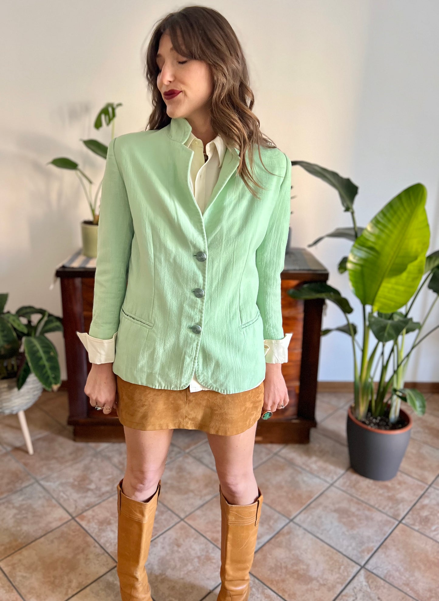 1970's vintage mint green wool spring blazer with mint green glitter buttons