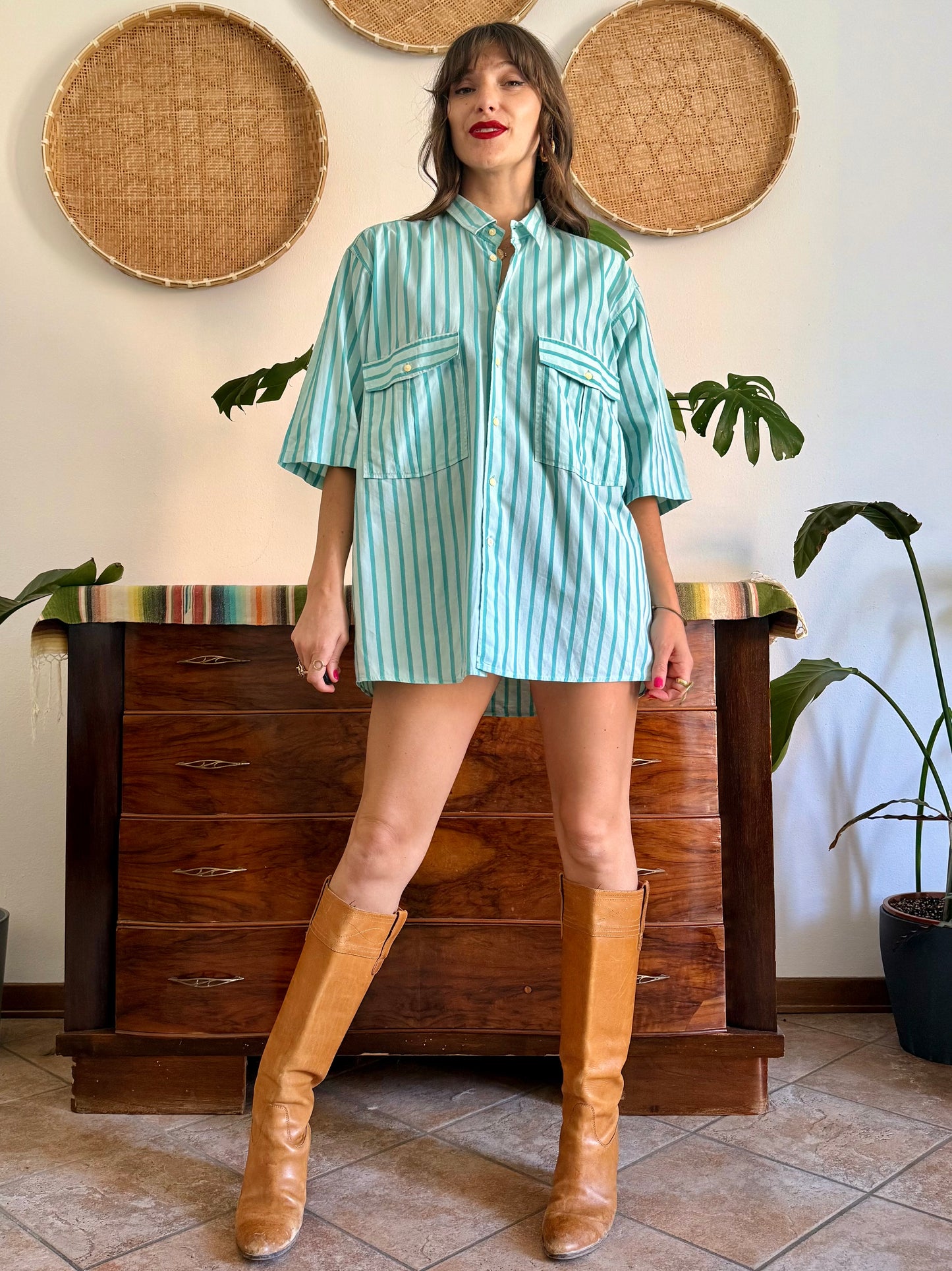 1970's vintage two toned turquoise stripes shirt dress
