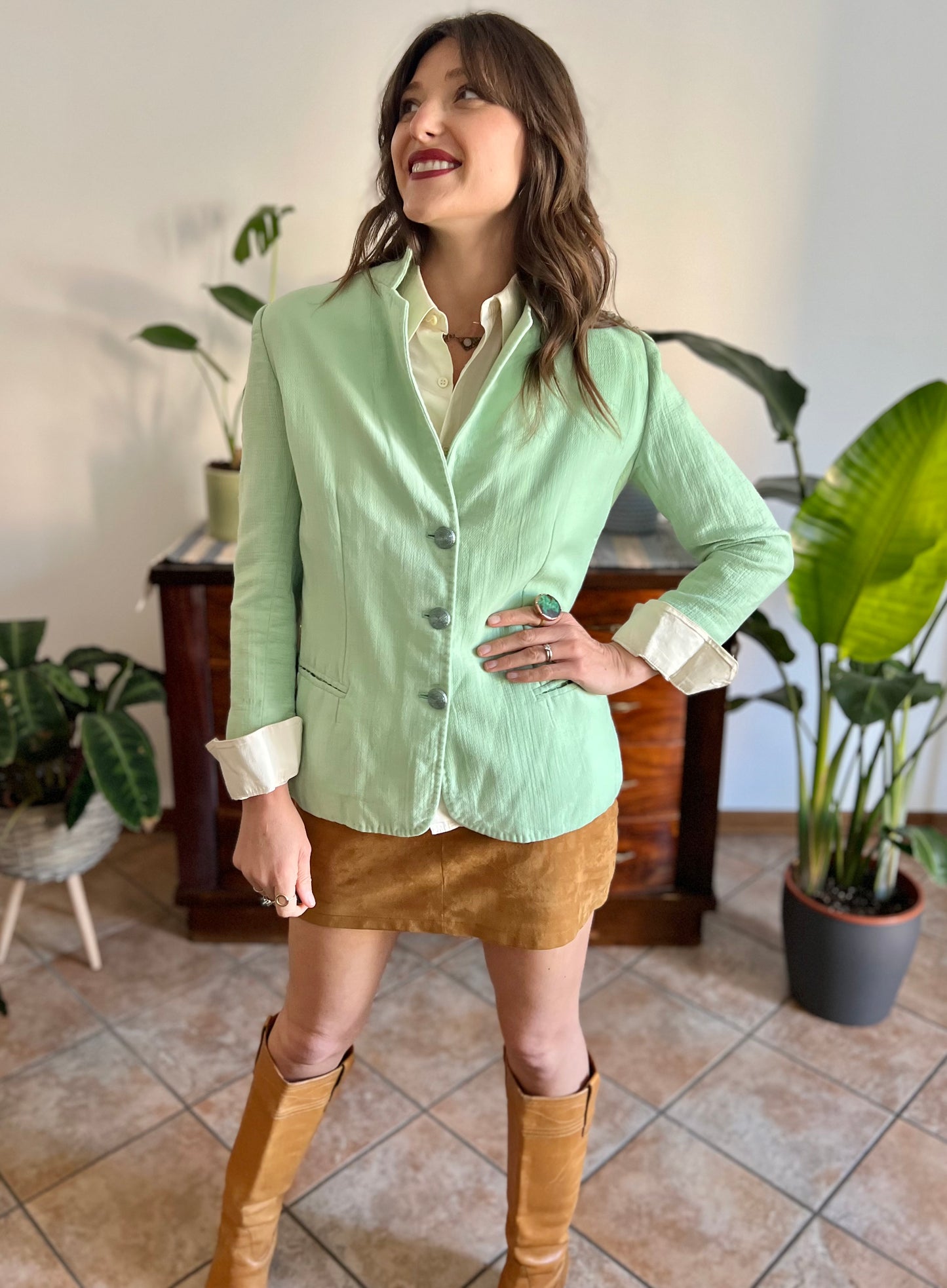1970's vintage mint green wool spring blazer with mint green glitter buttons