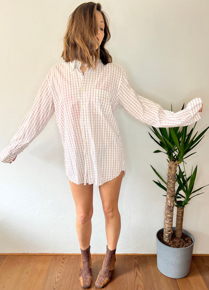 1970's vintage oversize white shirt with tan and beige plaid